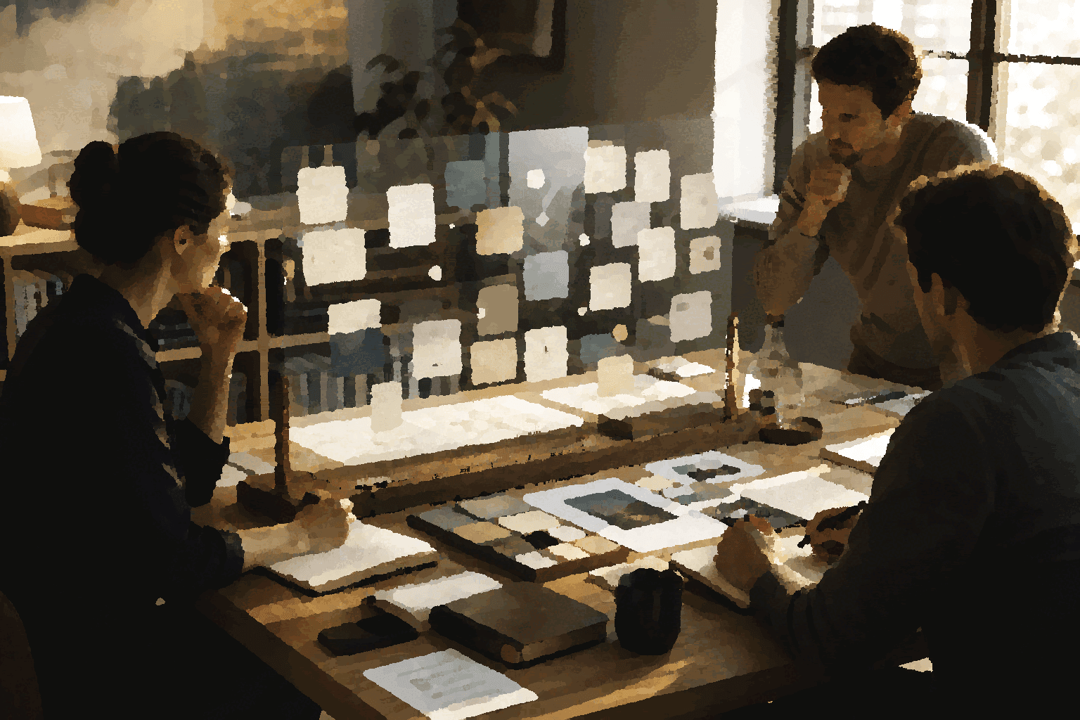 A team works around shared context, artifacts, decisions, and bounded AI support.