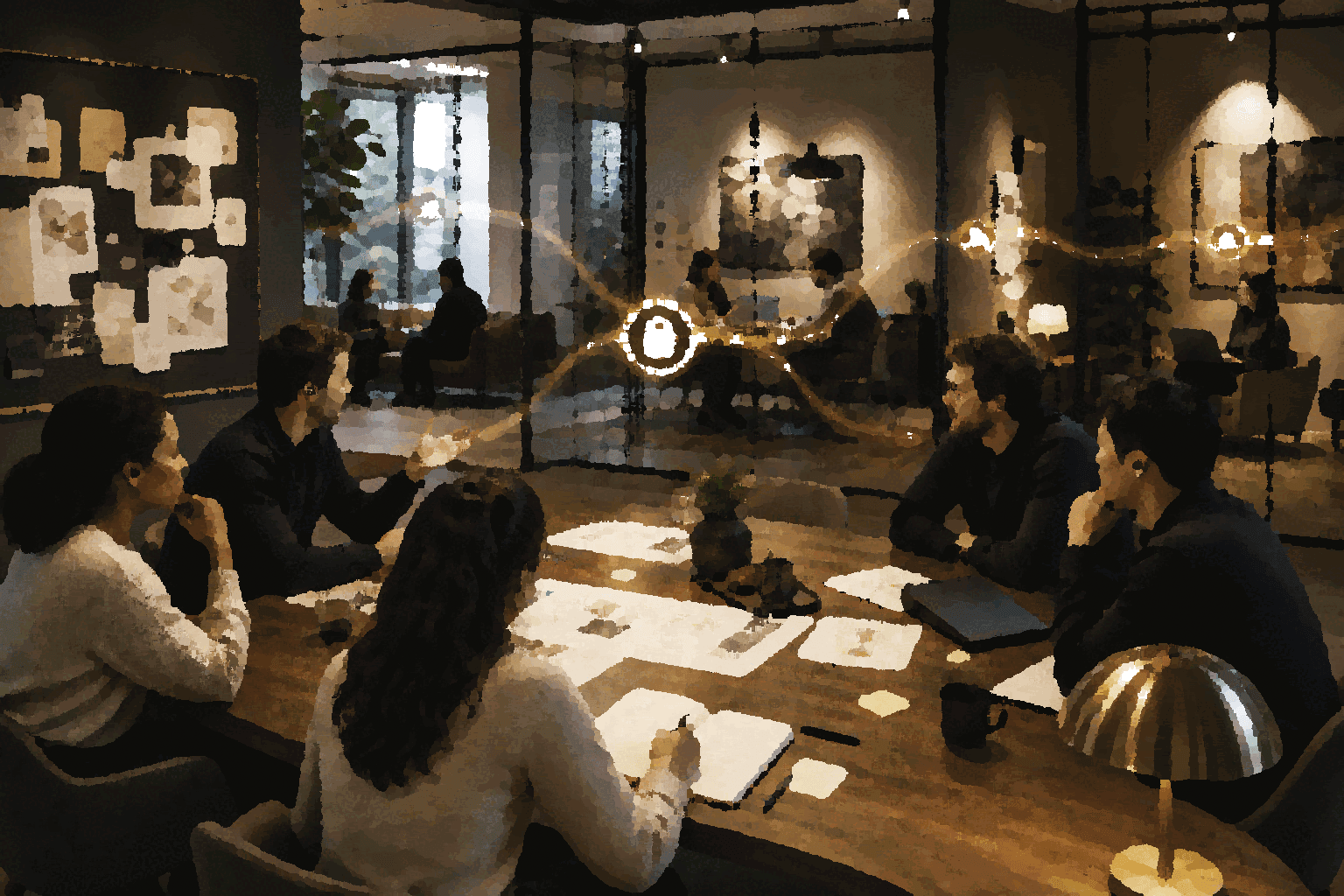 A team works around a shared table while a subtle protocol path connects rooms and identities, representing Matrix as a room foundation.