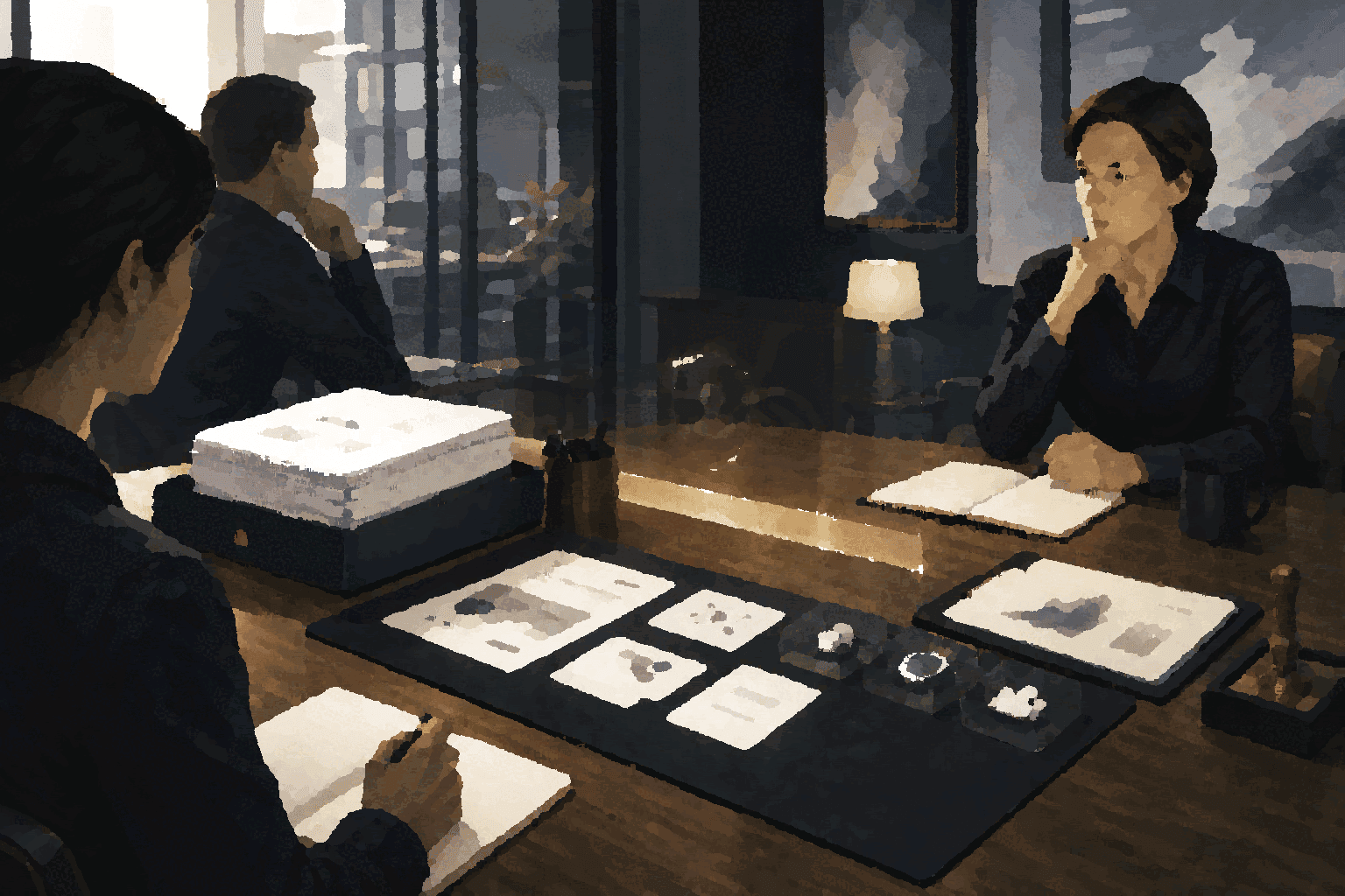 People review documents and trust-boundary cards at a table, representing the Sociail product layer above the protocol substrate.