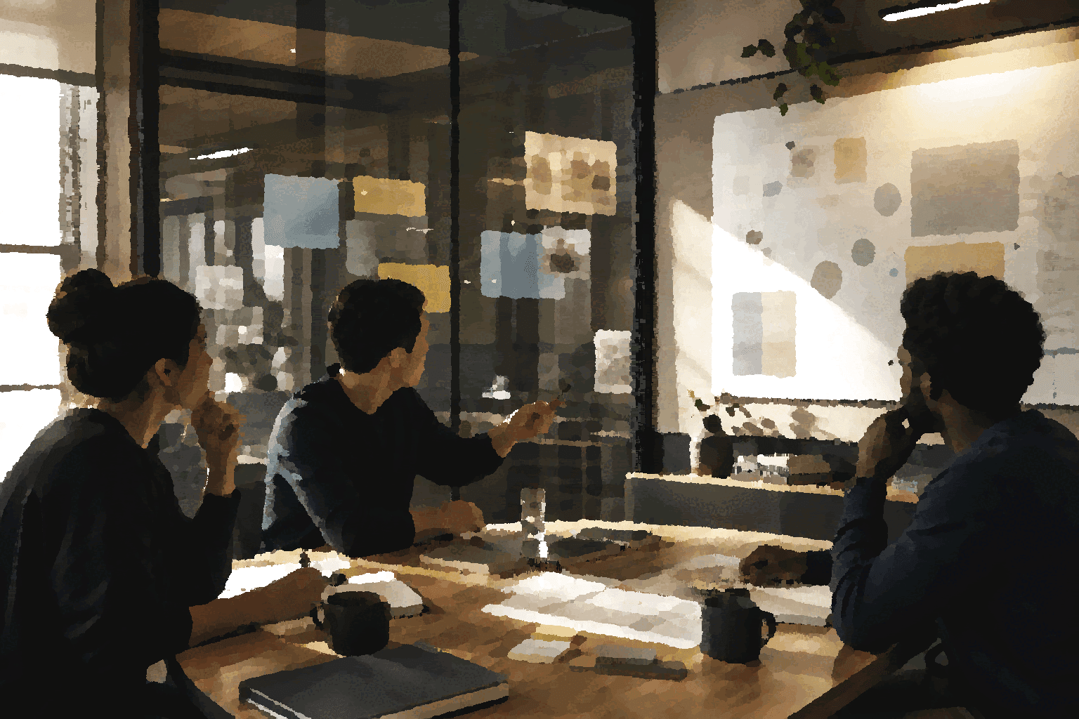 A team reviews a wall of notes and shared-context materials in a warm workspace, representing practical trust boundaries around AI collaboration.