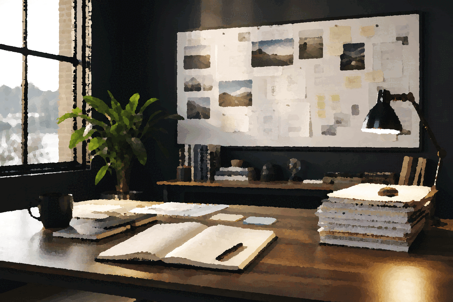A quiet founder workspace shows stacked work, notebooks, and a roadmap wall for the long middle where execution compounds.