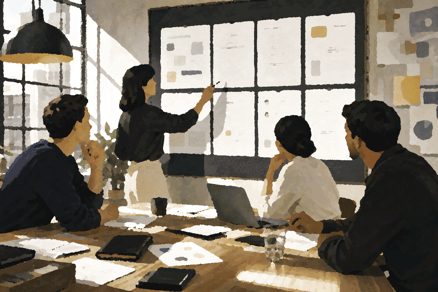 A team reviews briefs and artifact cards as fluid AI possibilities become a shared version of record.