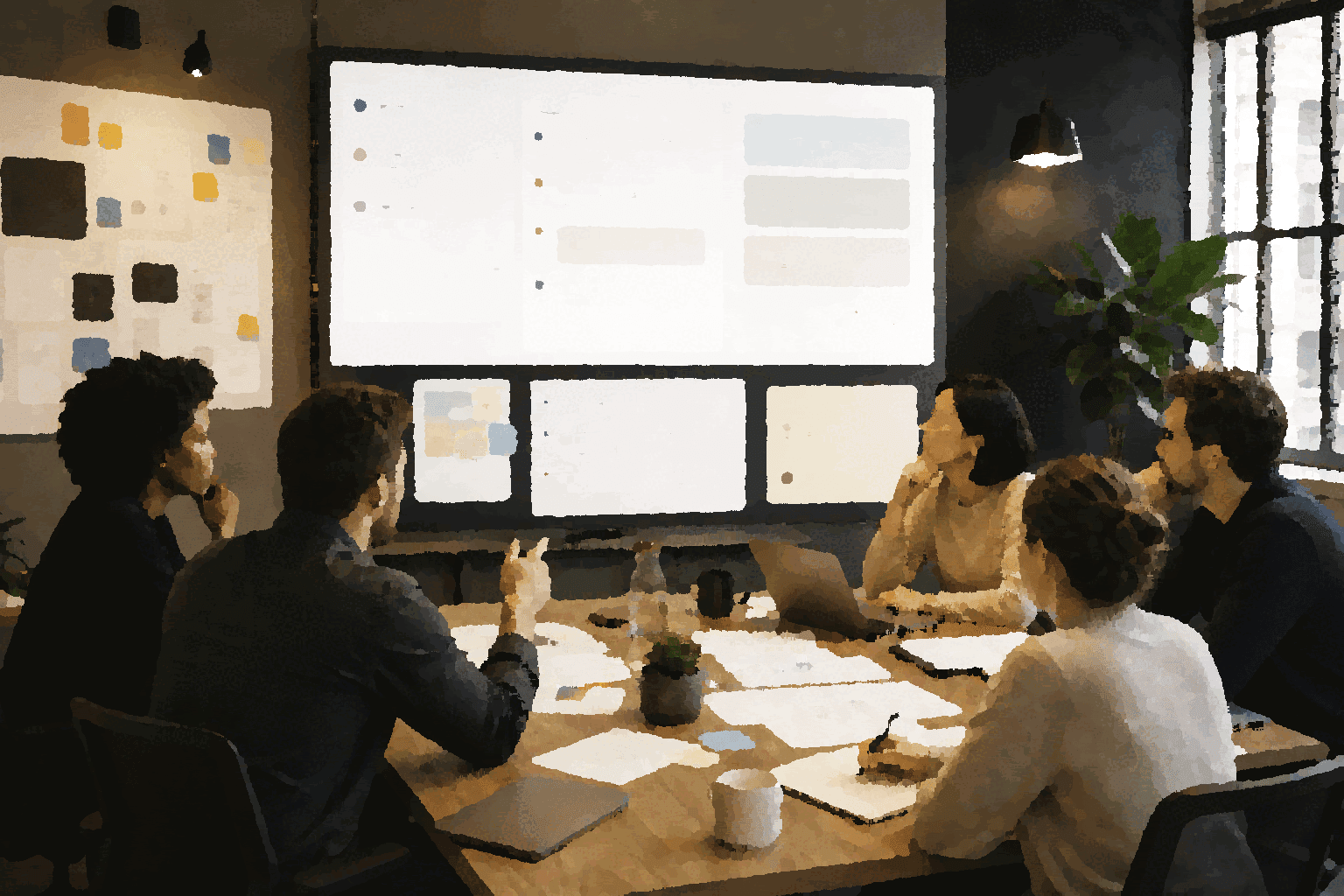 A team reviews a shared collaboration artifact and bounded next steps on visible screens.