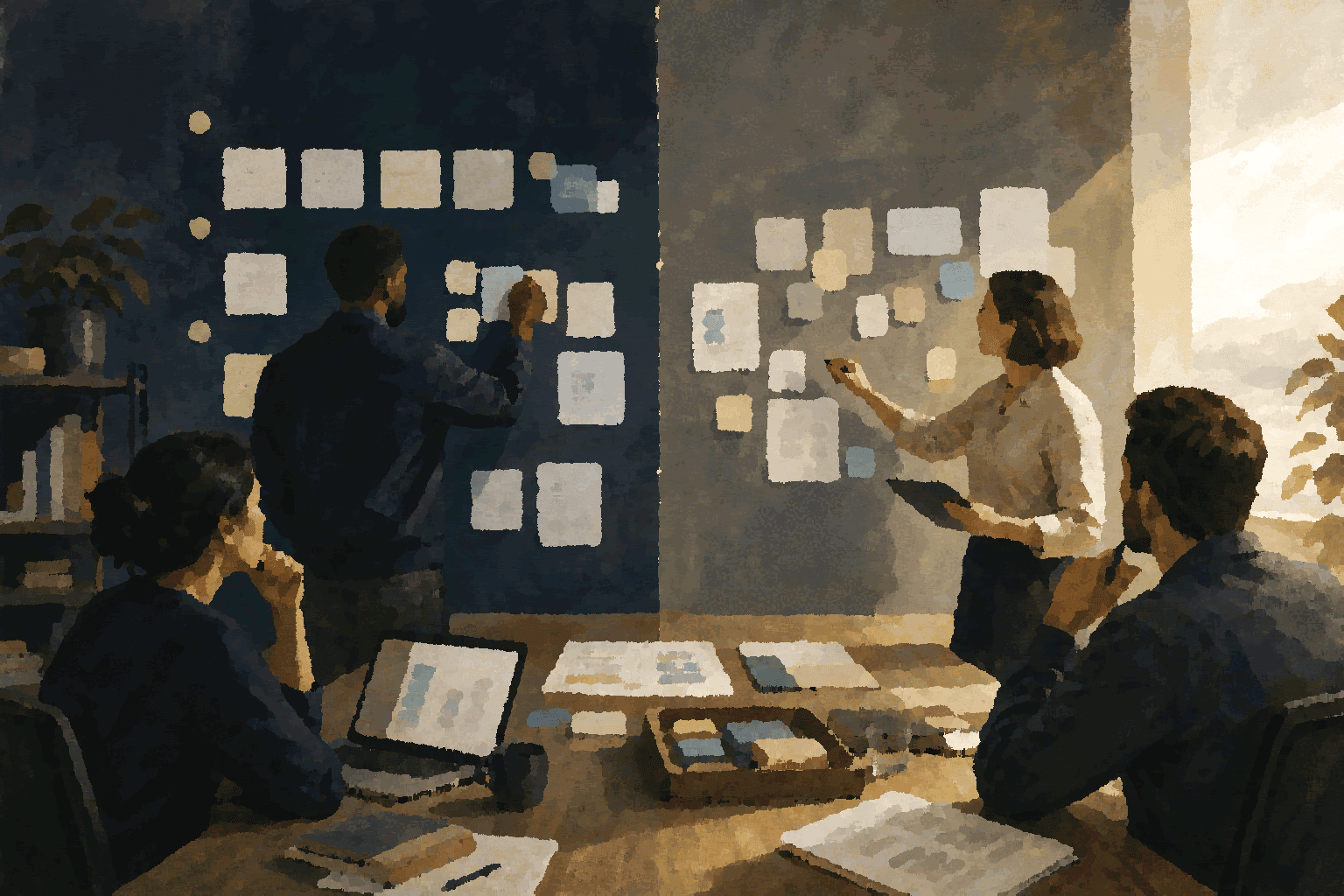 A team sorts infrastructure constraints, evidence, and approval boundaries on a shared board.