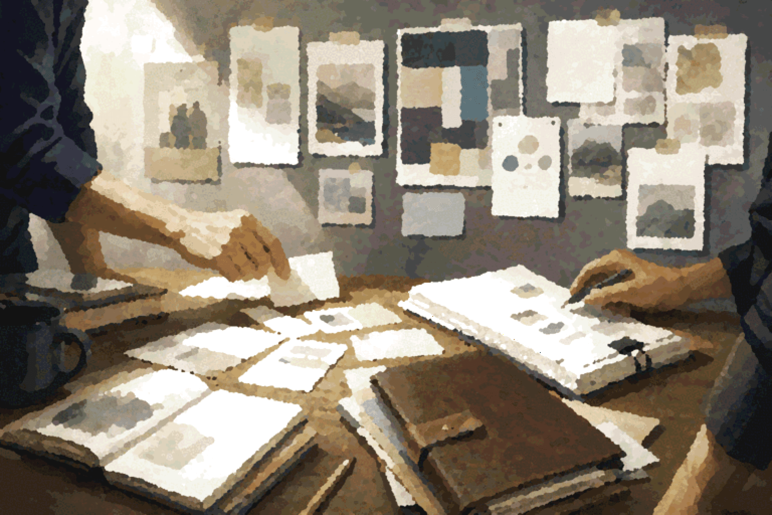 Hands arrange papers, cards, and source material into durable shared artifacts on a table.