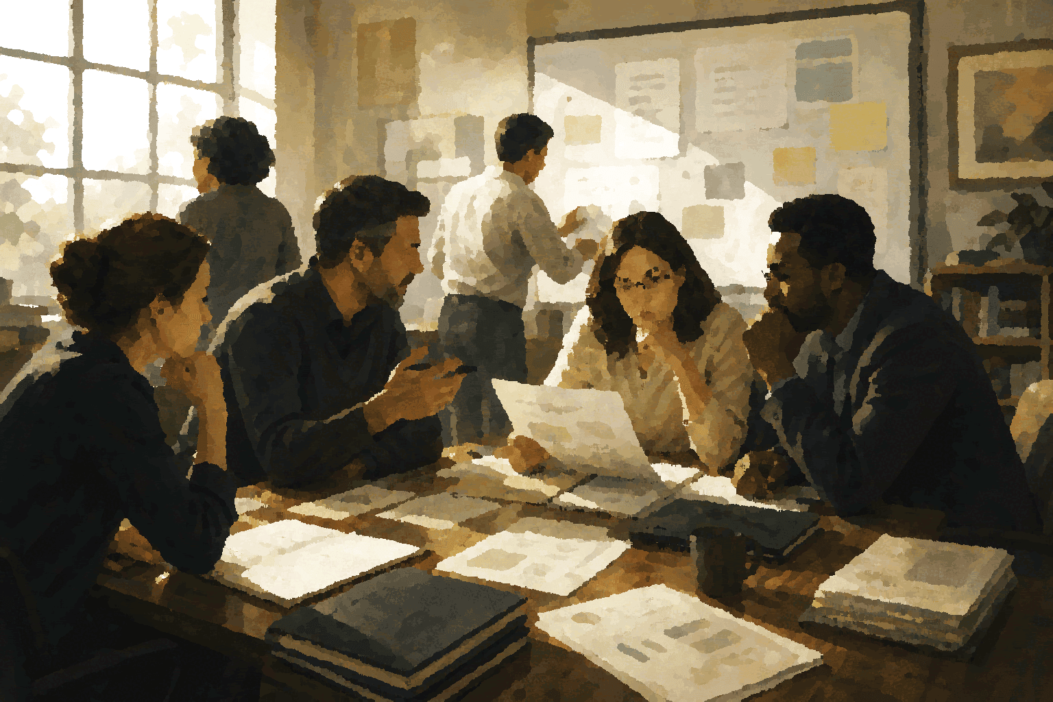 A team discusses a shared work surface, representing the human workflow behind an EdTech software problem.