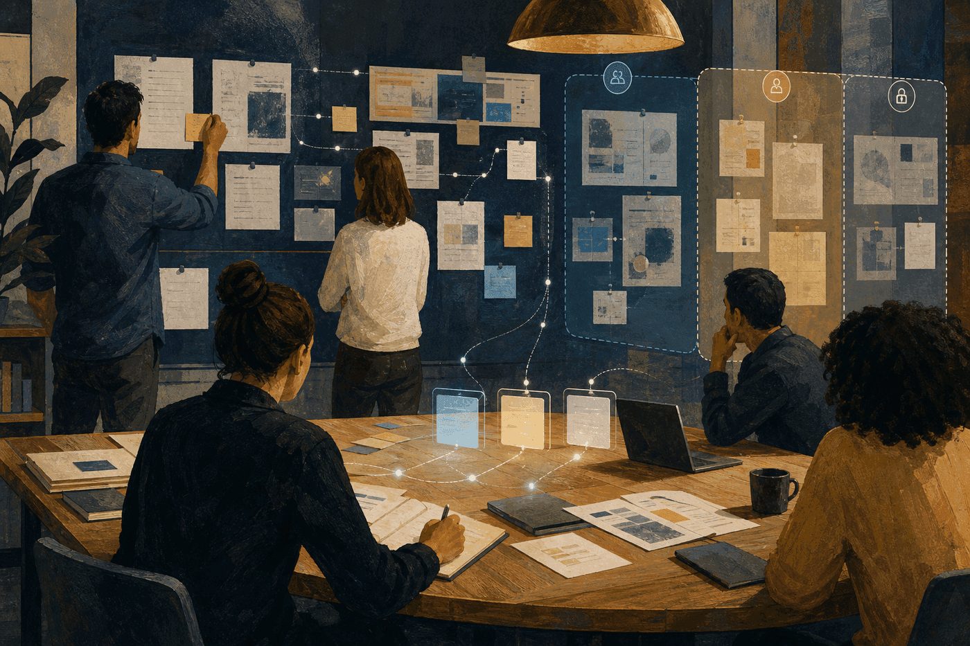 Shared AI room containing people, agents, history, artifacts, permissions, and approval boundaries.