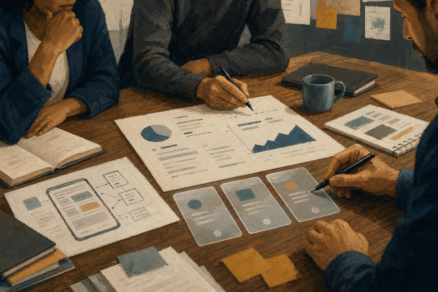 Collaborators reviewing a draft artifact with prepared options and visible human approval boundaries.