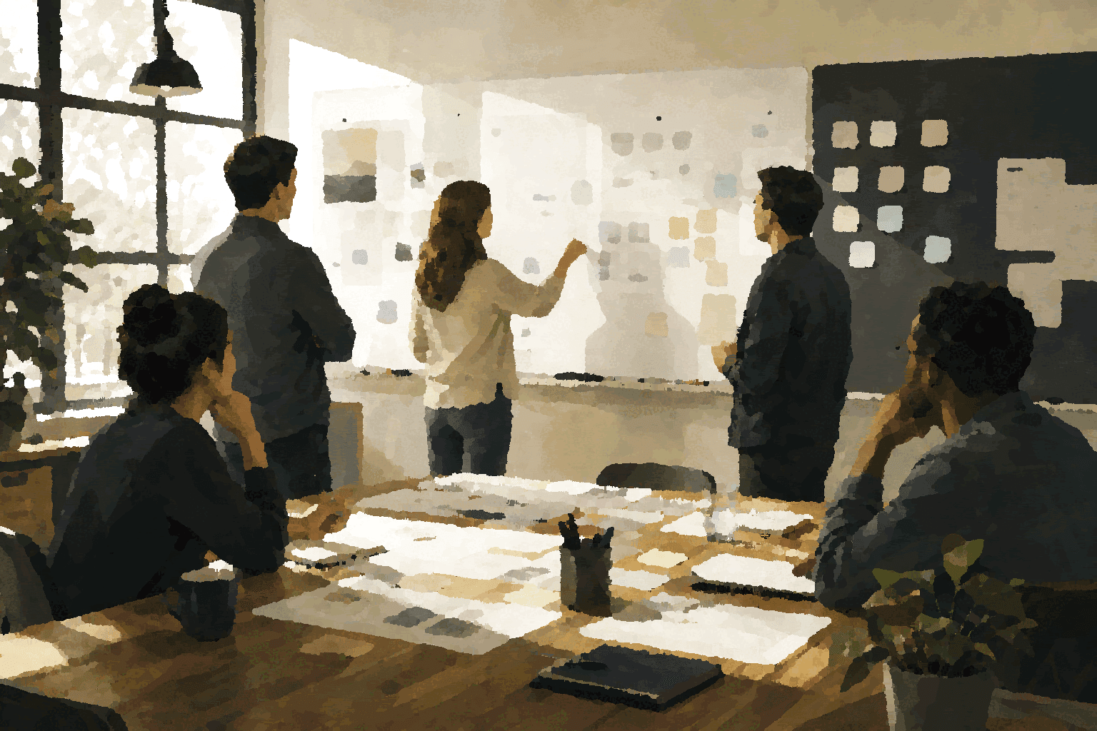 People gathered around a shared table and wall of artifacts, showing the same-room advantage of context, presence, and visible decisions.