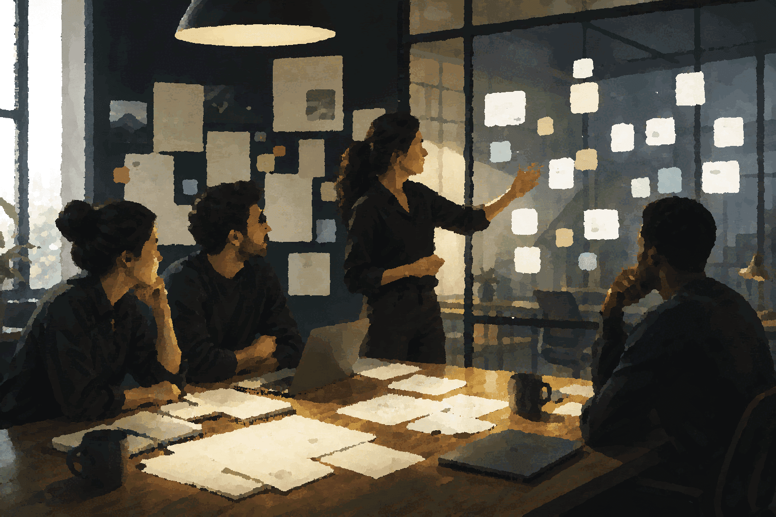 A team maps visible notes, decisions, and artifacts instead of pretending to read private thoughts.