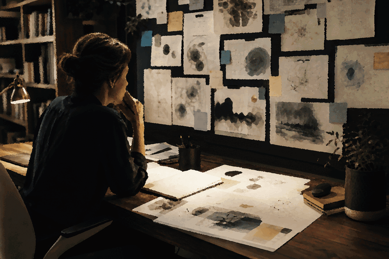 Painterly raster scene of a solitary thinker studying a wall of notes and sketches in warm light.