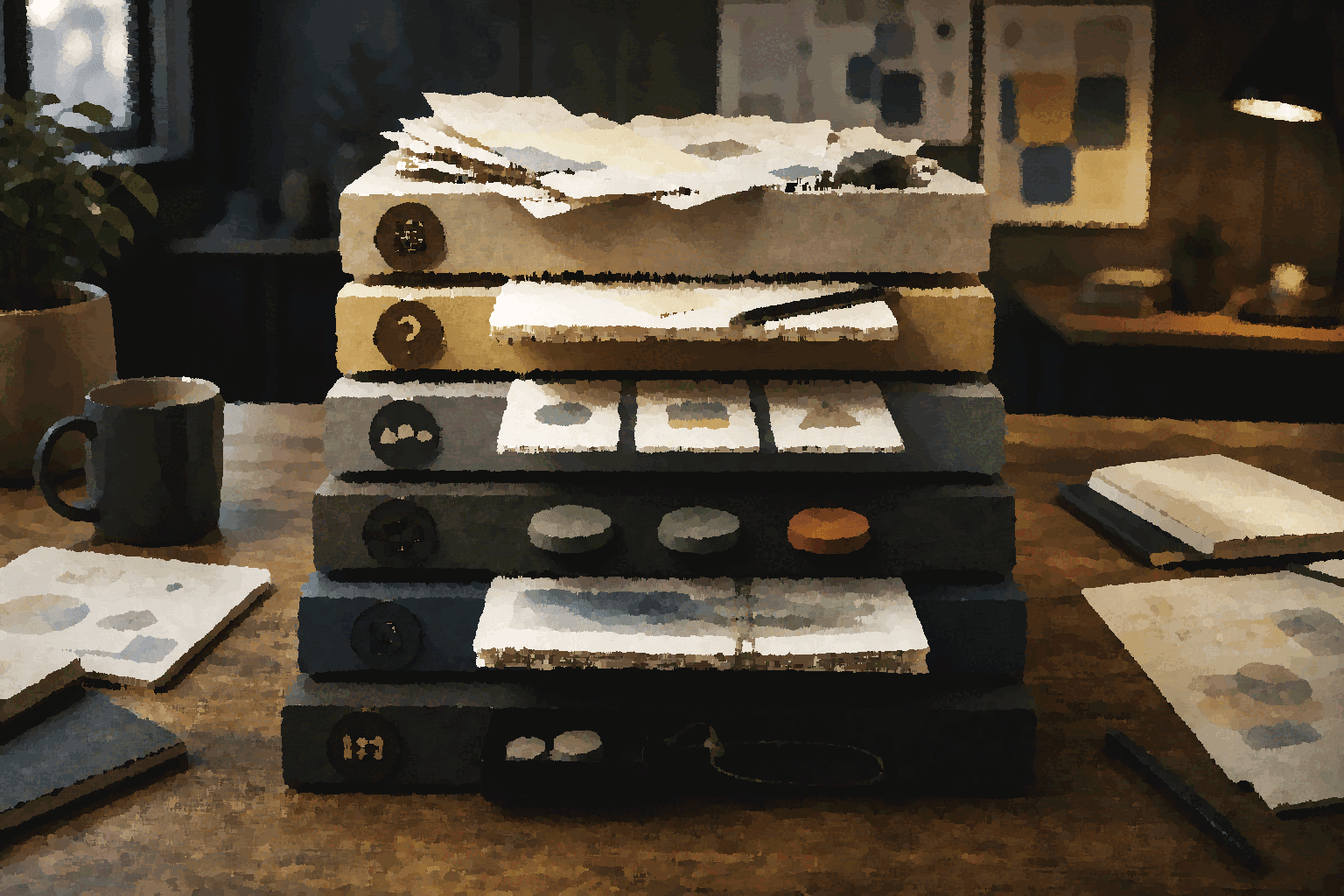 A physical thinking stack built from documents, folders, and shared planning materials.