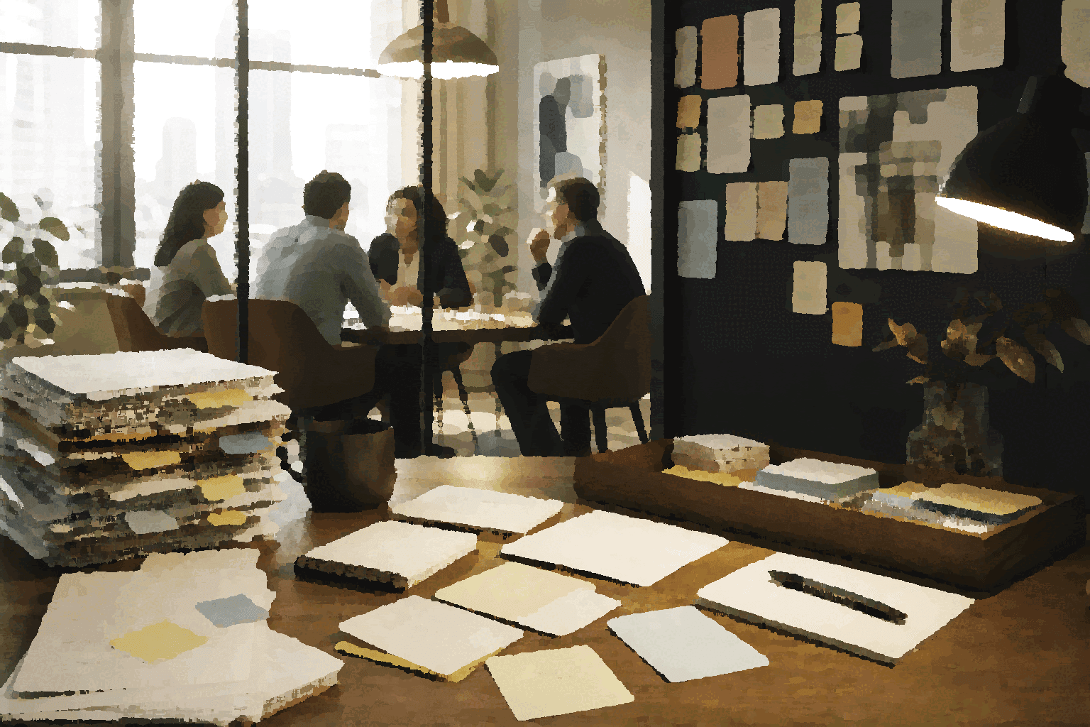 A team talks beyond a desk covered with coordination notes and administrative paperwork.