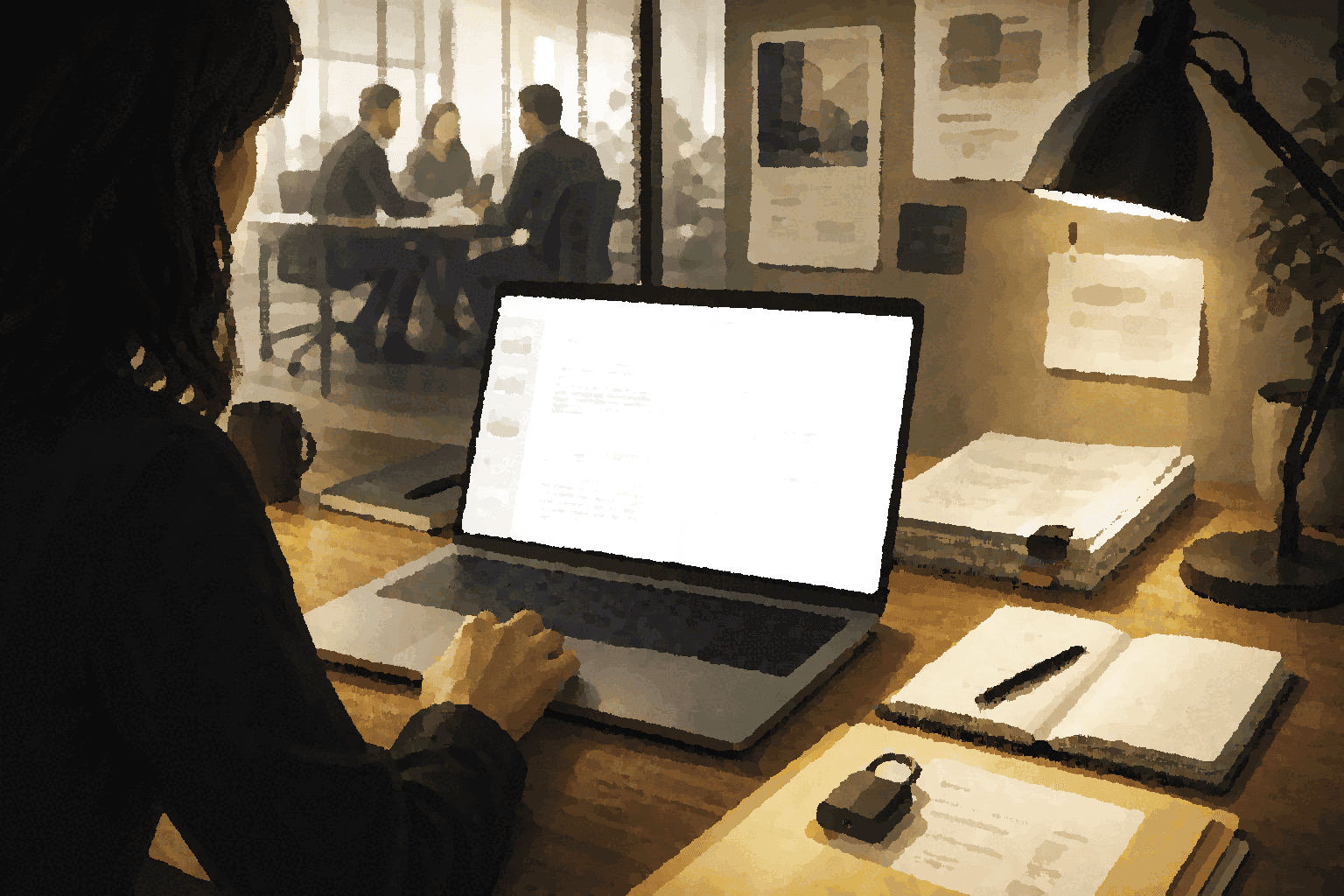 A person works inside a shared workspace while the surrounding room context remains visible.