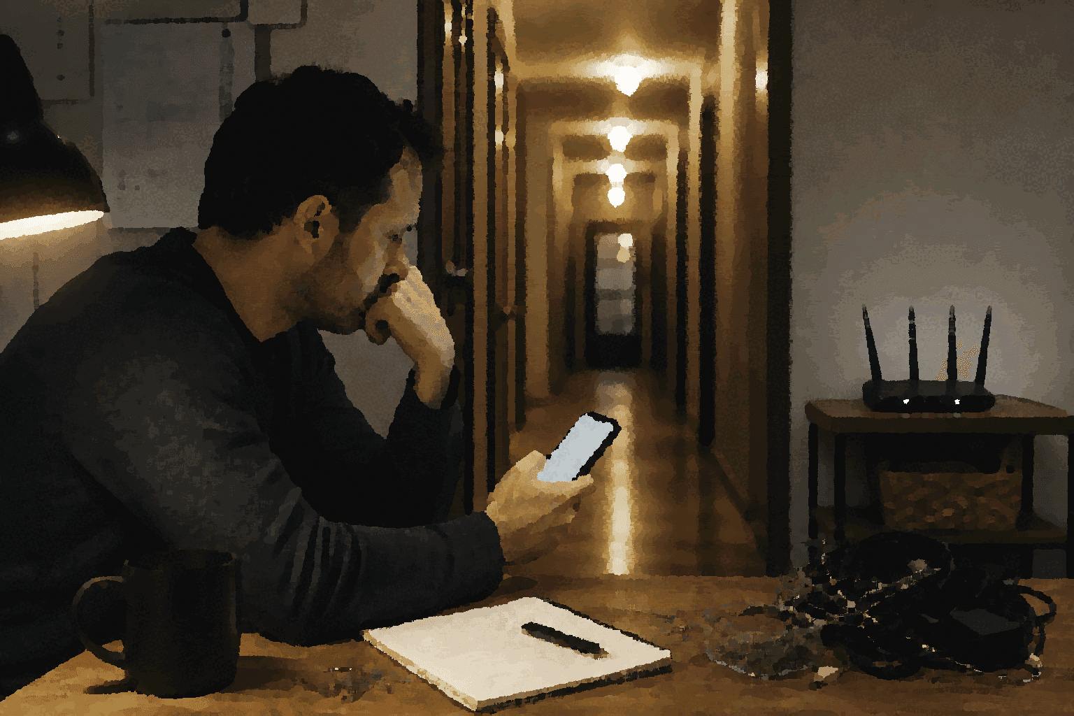 A person checks a phone beside a router while a long hallway stretches into uncertainty.
