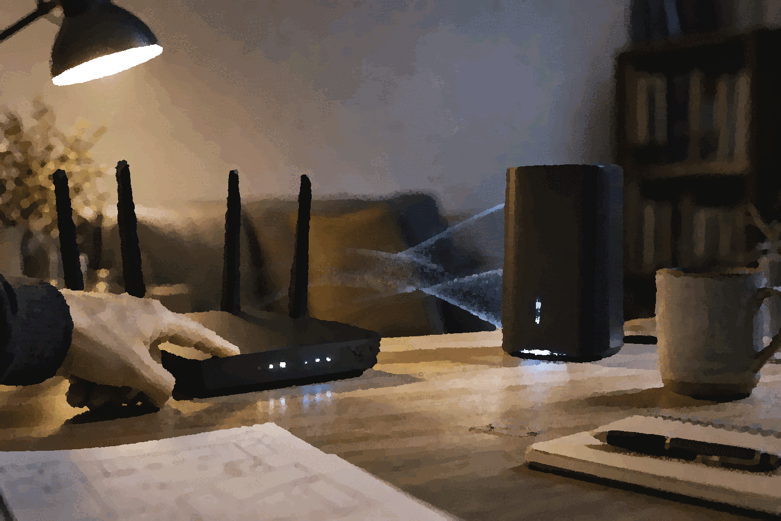 A hand presses a router button while a nearby mesh node finally responds.