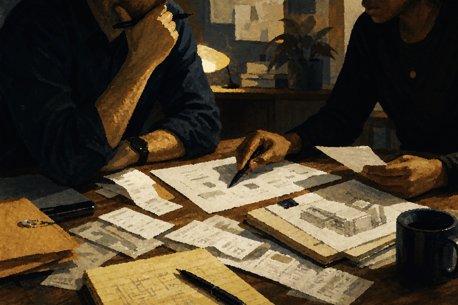 A team reviews a compact decision packet with notes, constraints, risks, validation, and rollback evidence.