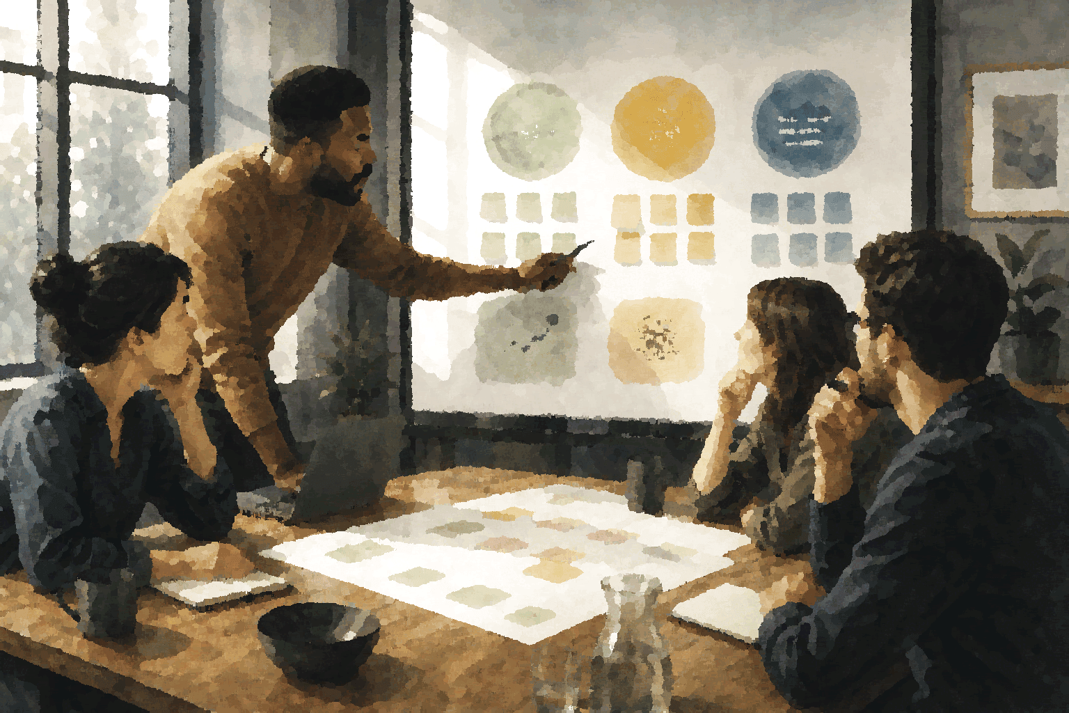 A team discusses a shared board of collaboration signals while reviewing notes around a table.