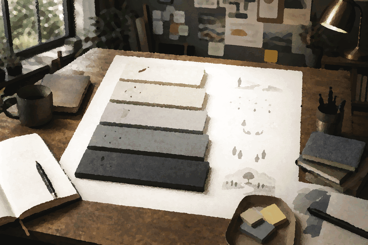 A layered stack of cards and workspace artifacts representing intent, context, constraints, loops, and memory.