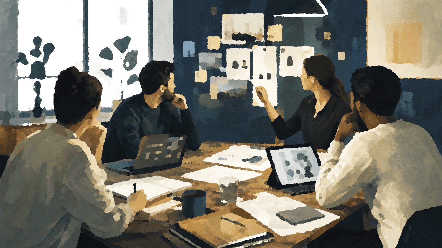 A team gathers around a table and wall of notes, turning conversation into shared context.