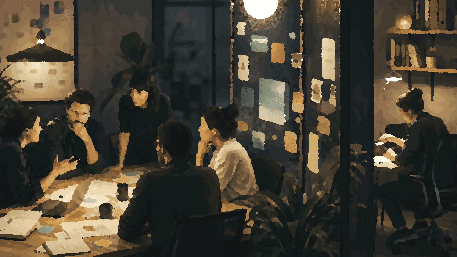 A shared room divided between active conversation and focused work, with a visible board preserving chosen context.