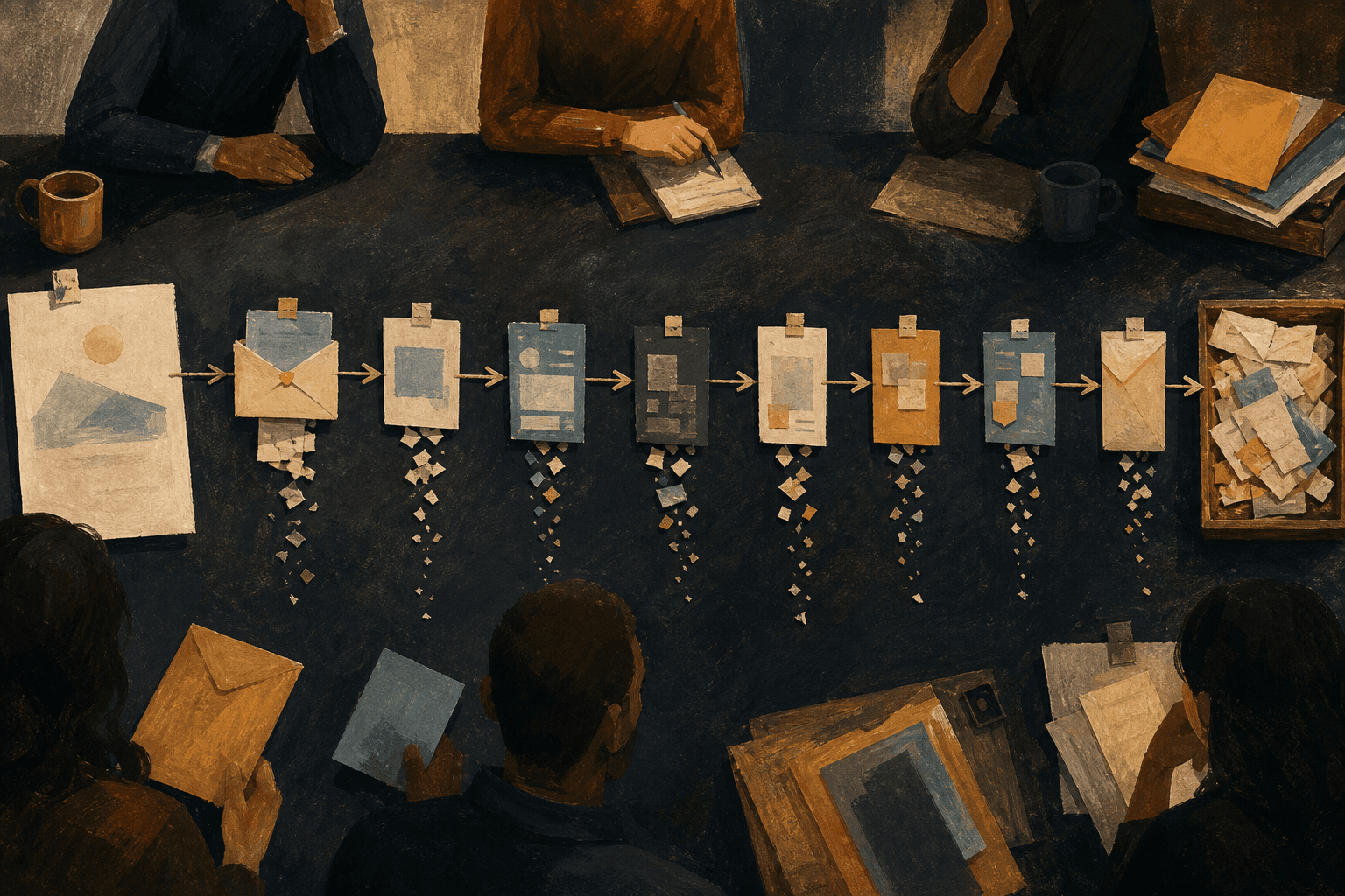 Painterly handoff chain of blank cards and envelopes losing paper fragments between stages on a dark shared table.
