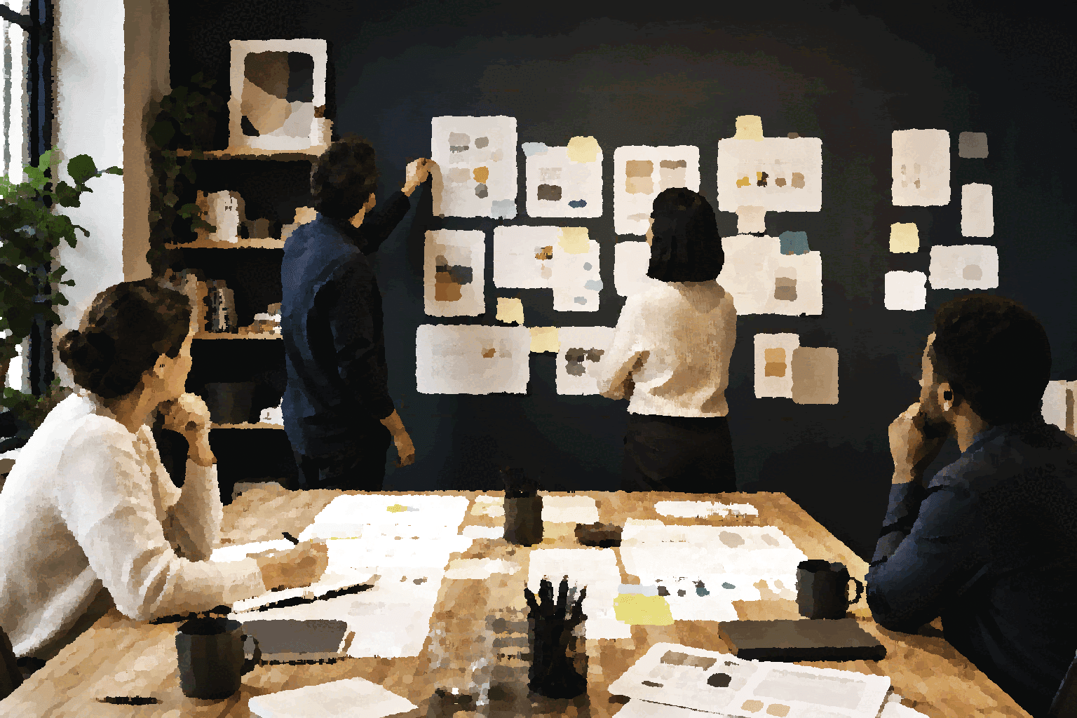 A team works from one shared room where context, artifacts, and boundaries stay visible.