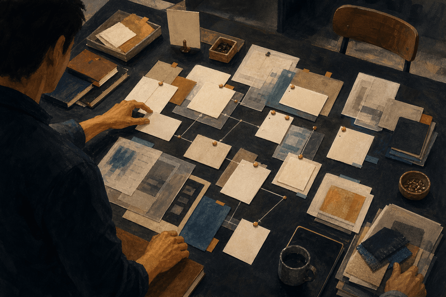 Painterly founder work surface with blank artifacts arranged across product, trust, finance, and engineering concerns.