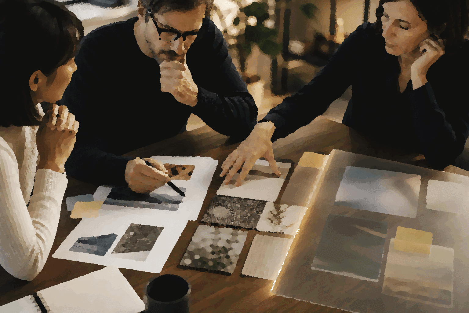 People review prepared work at a visible human judgment boundary.