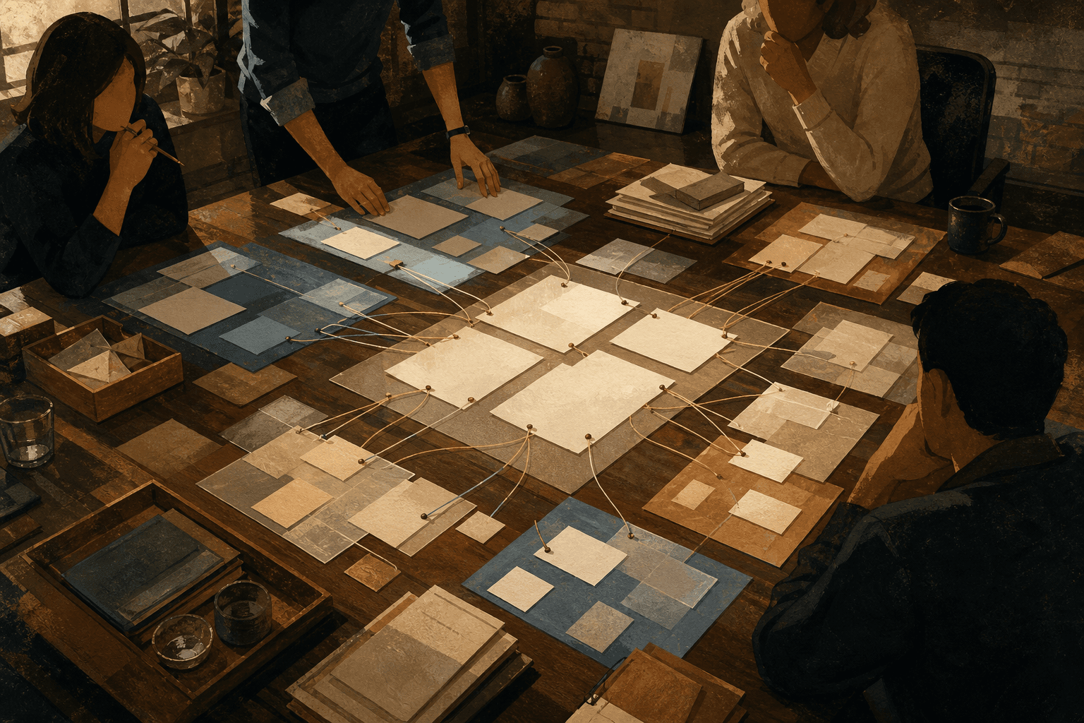 Painterly shared room surface where separate streams of blank cards and threads converge into one governed context.