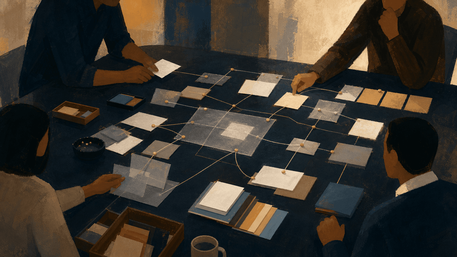 Painterly shared work table where blank cards and thread lines connect separate concerns into one visible cascade.
