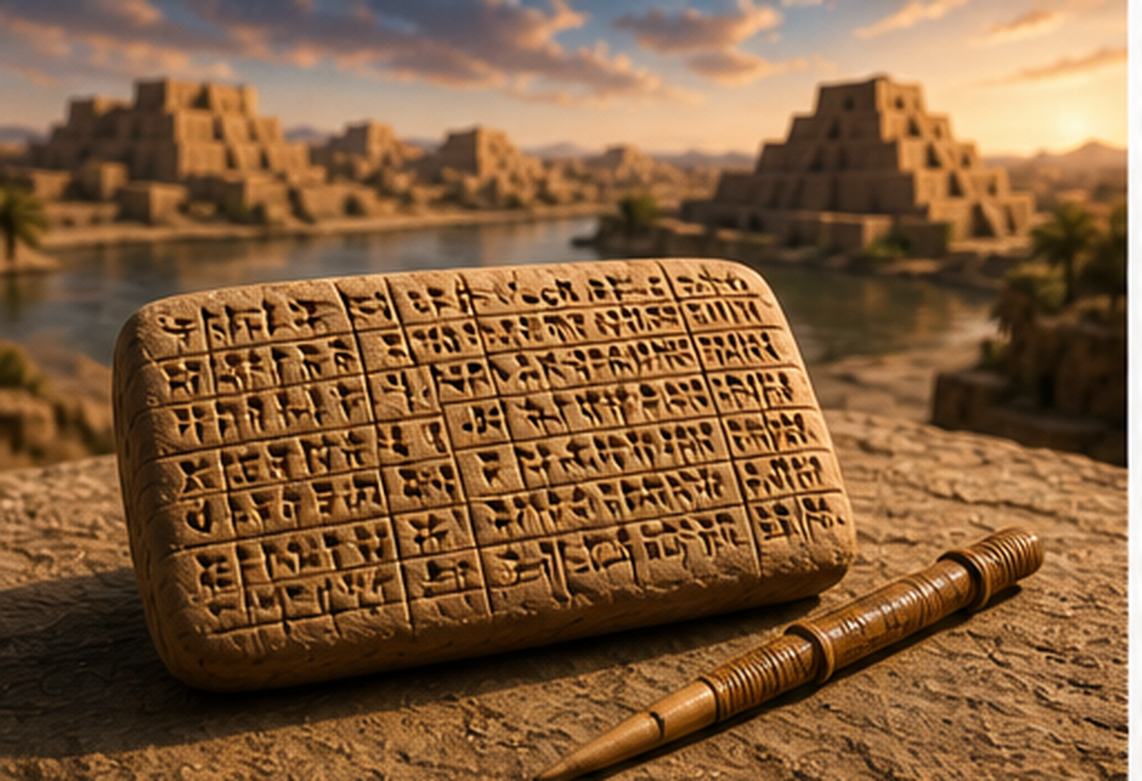 Ancient clay tablet and reed stylus overlooking an early Mesopotamian city, representing writing as the first external brain for human knowledge.