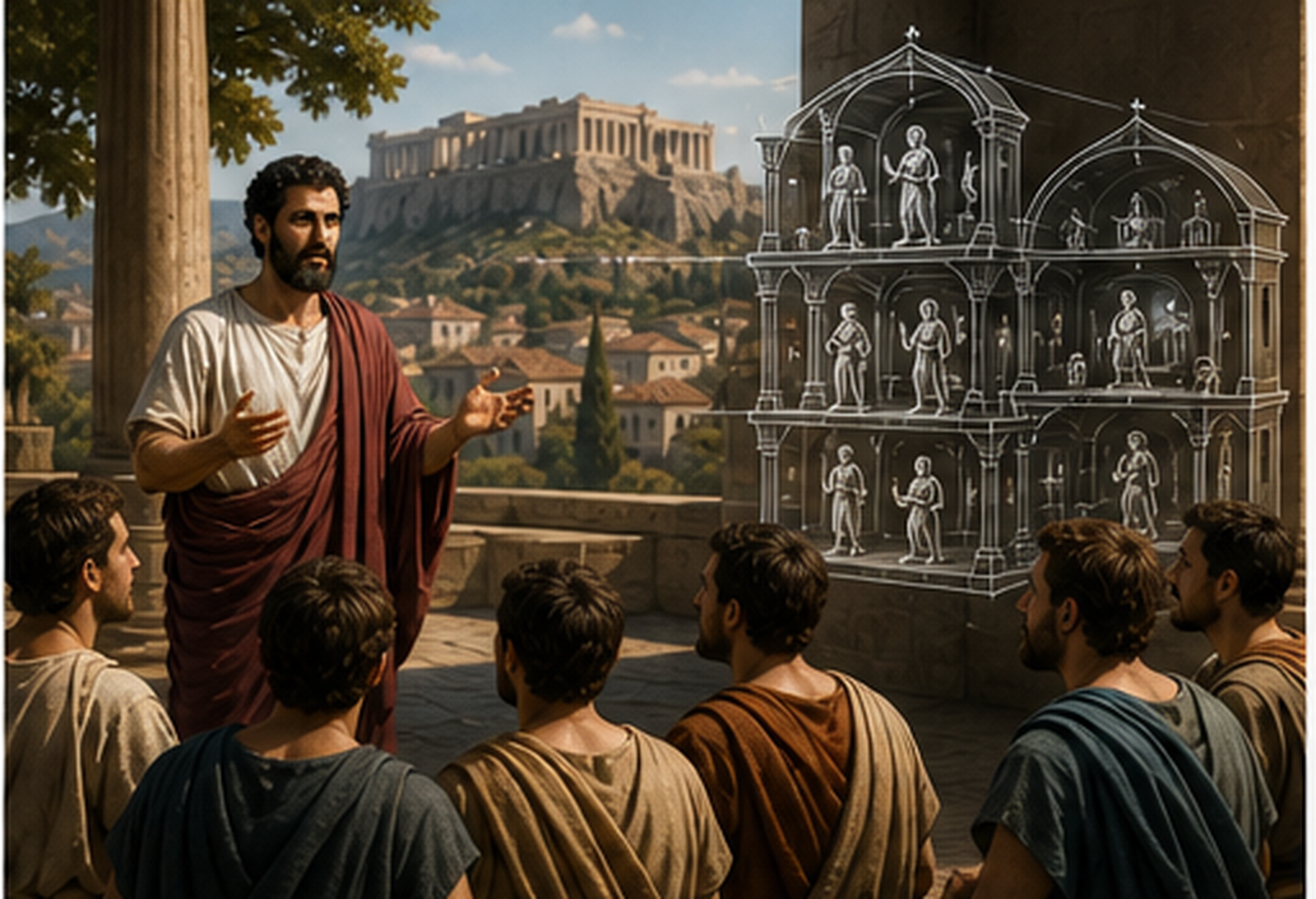 Ancient teacher explaining a memory palace to students, with an architectural diagram showing rooms and mental anchors for ideas.
