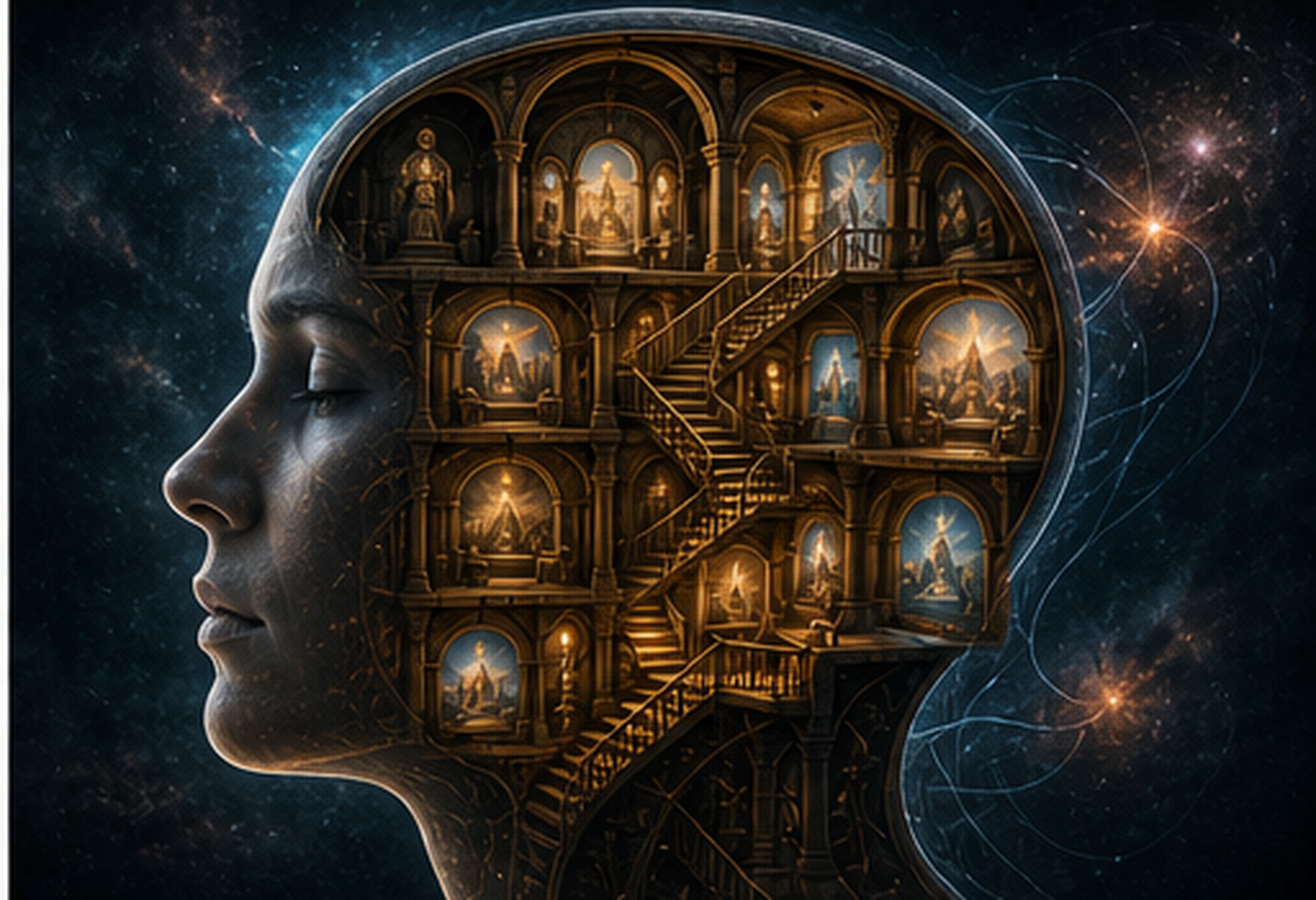 Profile of a human head containing an illuminated internal memory palace, symbolizing thought frameworks that remain inside the mind.