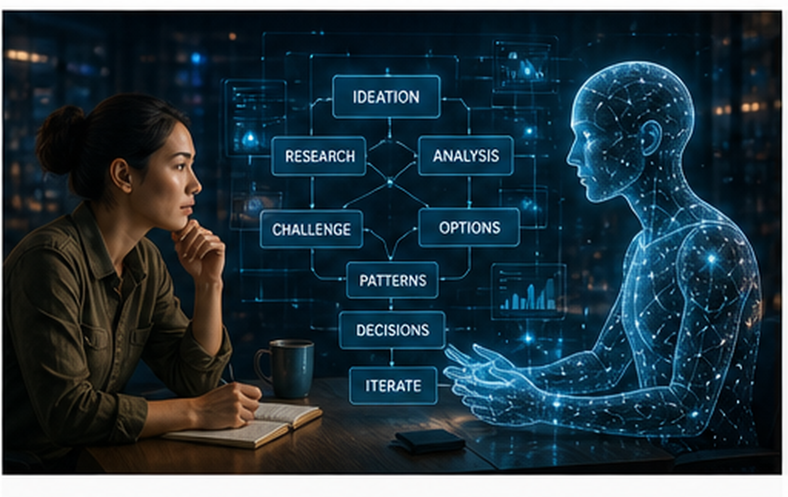 A human collaborating with a luminous AI figure across a table, with floating workflow nodes for ideation, research, options, patterns, decisions, and iteration.