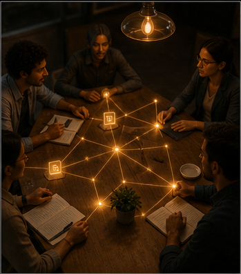 A small team gathered around a warm table with subtle glowing context threads connecting notes and people, without fake screens or UI text.