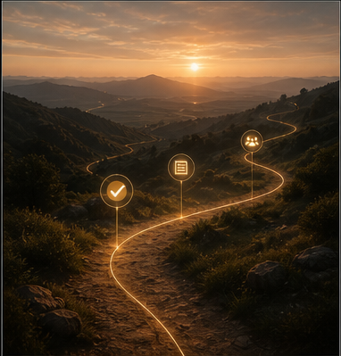 A luminous path winding through mountains at sunrise with subtle milestone icons, representing continuity from conversation to decision to follow-through.